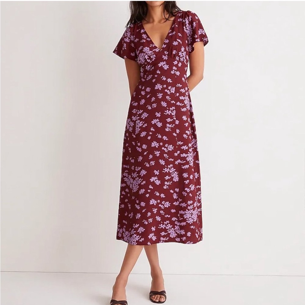 Madewell Maroon Flutter Sleeve V-Neck Midi Dress NWT